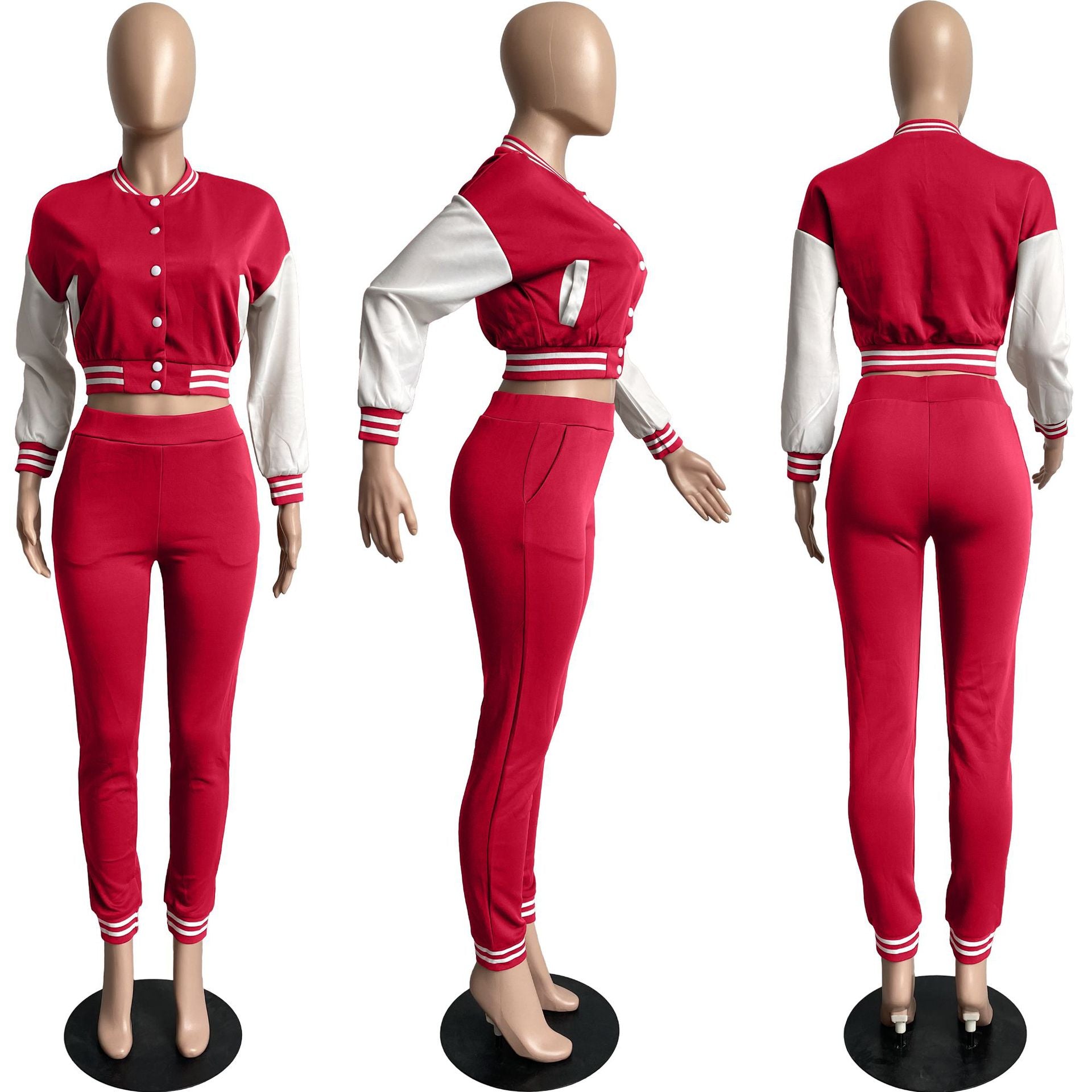 Women's Color Block Single Breasted Patchwork Long Sleeve Baseball Jersey Pants Two Piece Set For Women 29