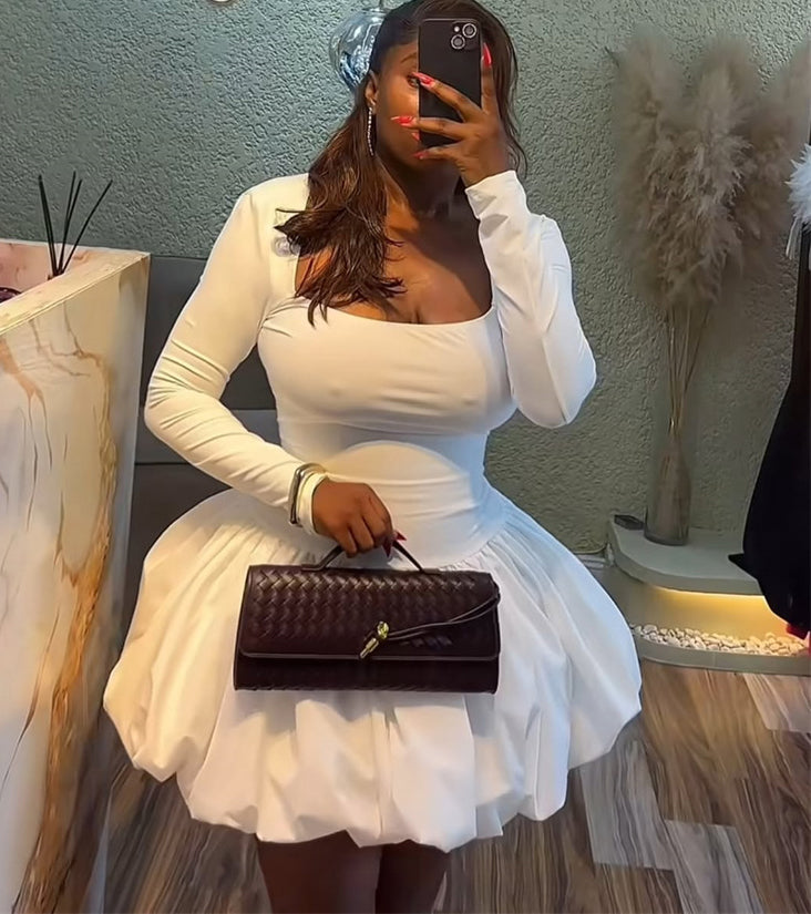 Women summer square neck solid long-sleeved flower bud dress 4