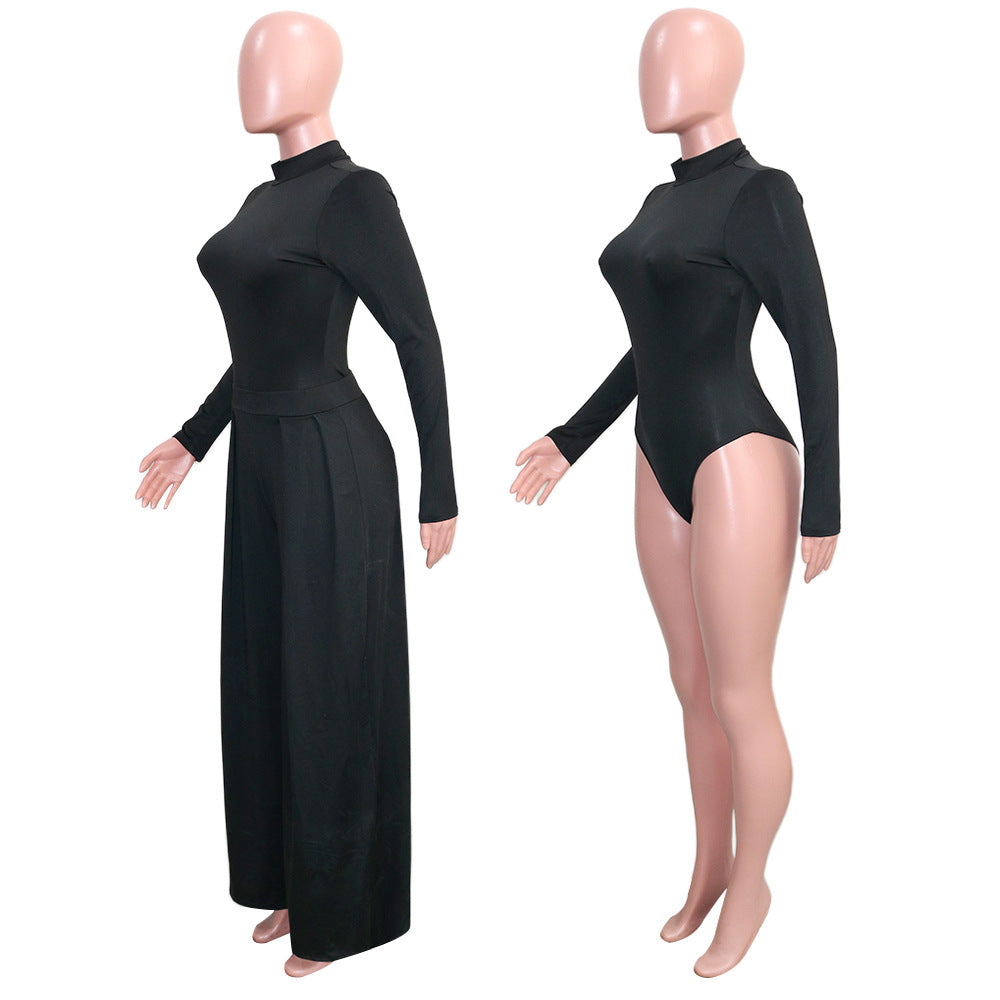 Women'S Fashion Solid Color Long Sleeve Top Wide Leg Pants Two Piece Set 17