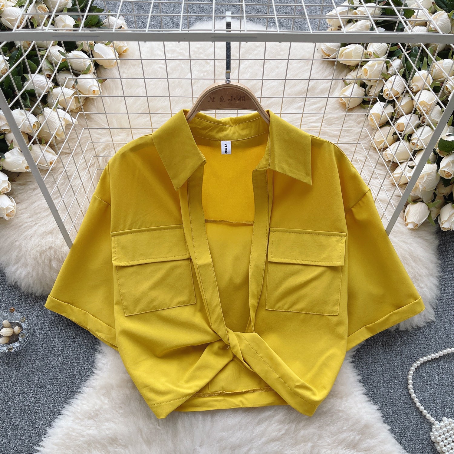 Women Turndown Collar v-neck Knot short-sleeved Crop Top 7