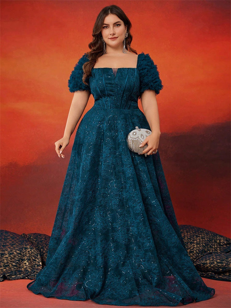 Plus Size A-Line Elegant Square Neck Short-Sleeve Party Dress Slim Waist Chic Ball Gown