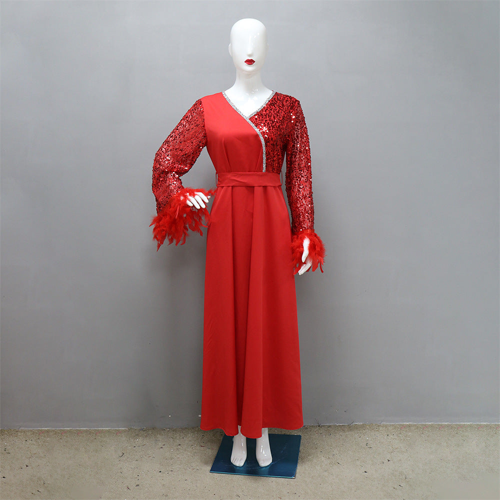 Dubai Arabian Sequin Patchwork Ironed Feather Robe 8