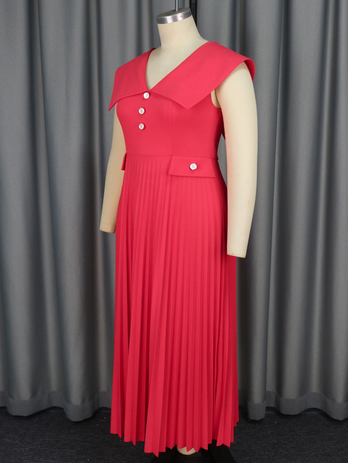 Spring Summer Chic Turndown Collar V-Neck Red Pleated Elegant Dress 4