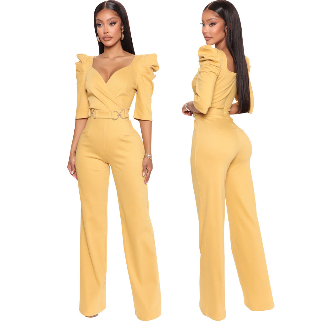 Sexy Fashion Solid Color Three-Quarter Sleeve V-Neck Jumpsuit Women's Clothing 16