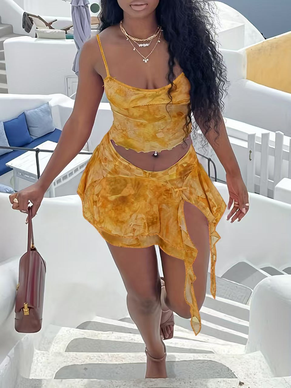 Women Two Mesh Sexy Camisole Top and Irregular Slit Skirt Two-Piece Set 8