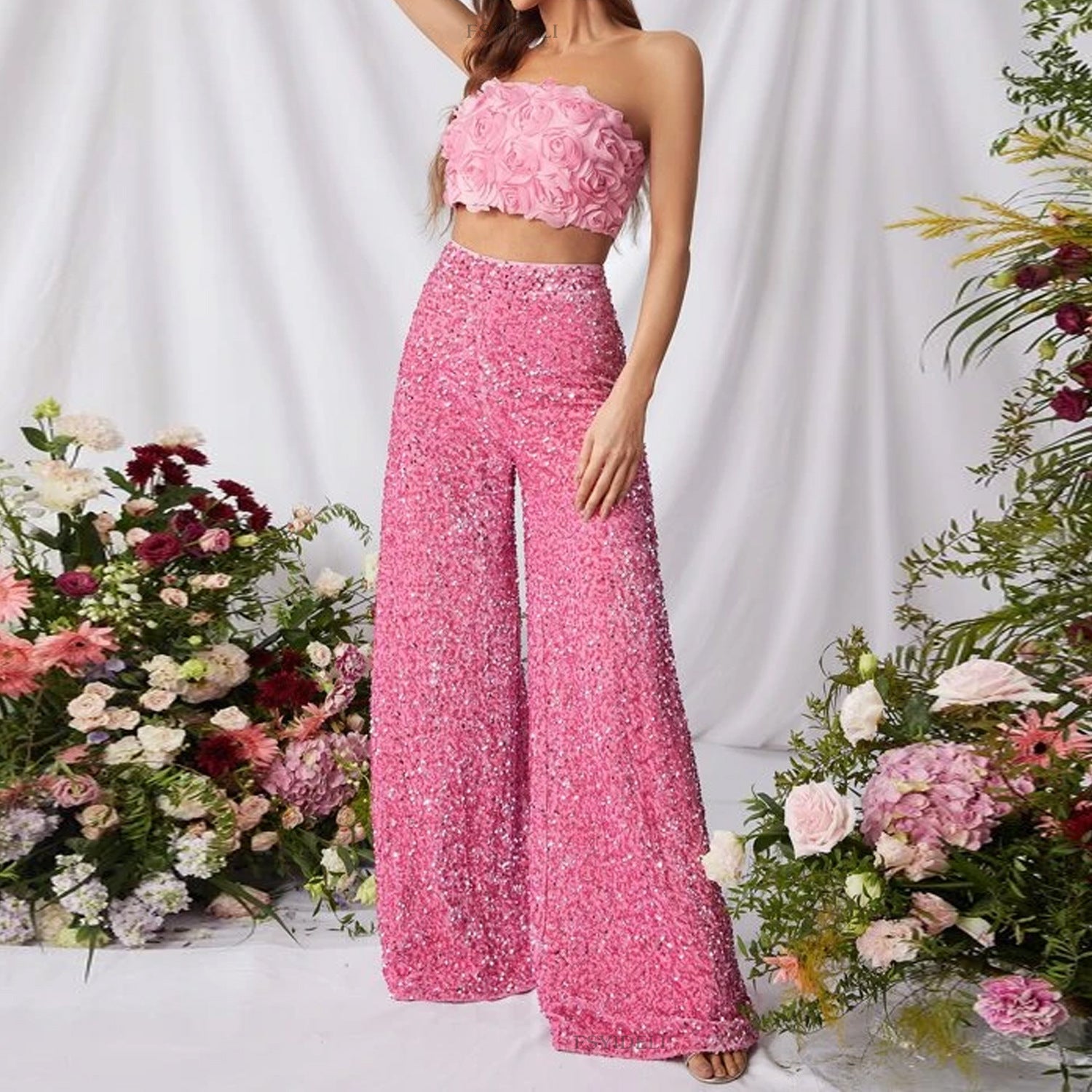 Women Solid Color Sequin Fashion Casual High Waist Wide Leg Pants 4