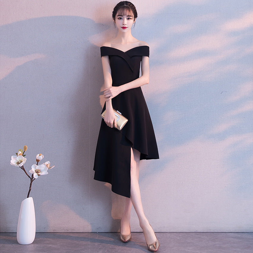 Evening Dress Winter Short Formal Party Dress Women'S Fashion Off Shoulder Solid Irregular Bridesmaid Dress 7