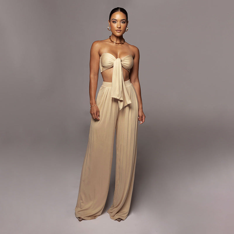 Women's Sexy Solid Color Tie Strapless Top Mid-Waist Wide Leg Pants Fashion Casual Two Piece Set 6