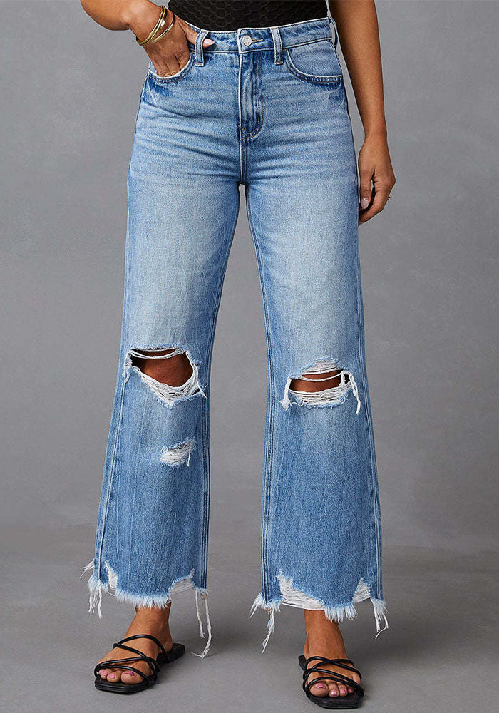 Tassels Washed Ripped Long Denim Pants Casual Wide-Leg Trousers
