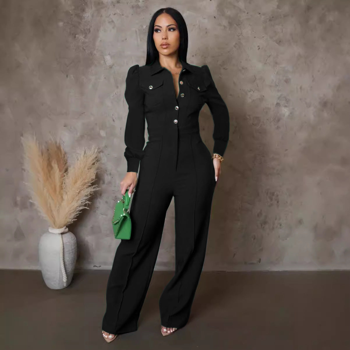Women's Solid Color Button Turndown Collar Long Sleeve Causal Jumpsuit 3