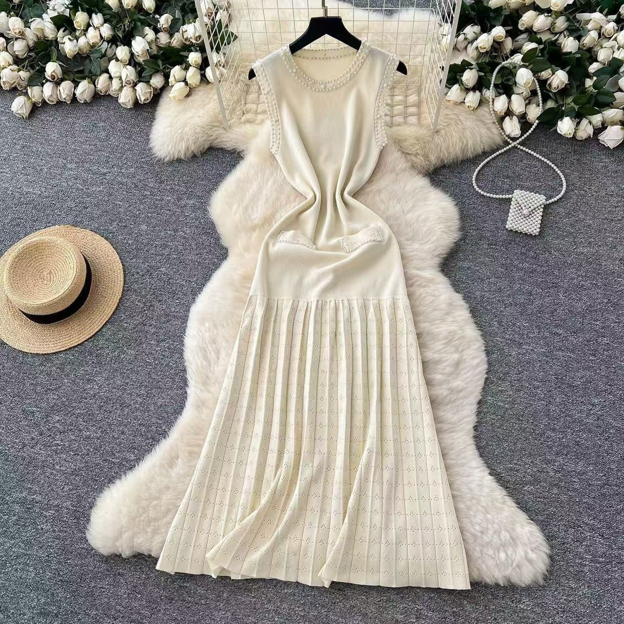 Women's Summer Beaded Sleeveless Knitting Long Dress 10