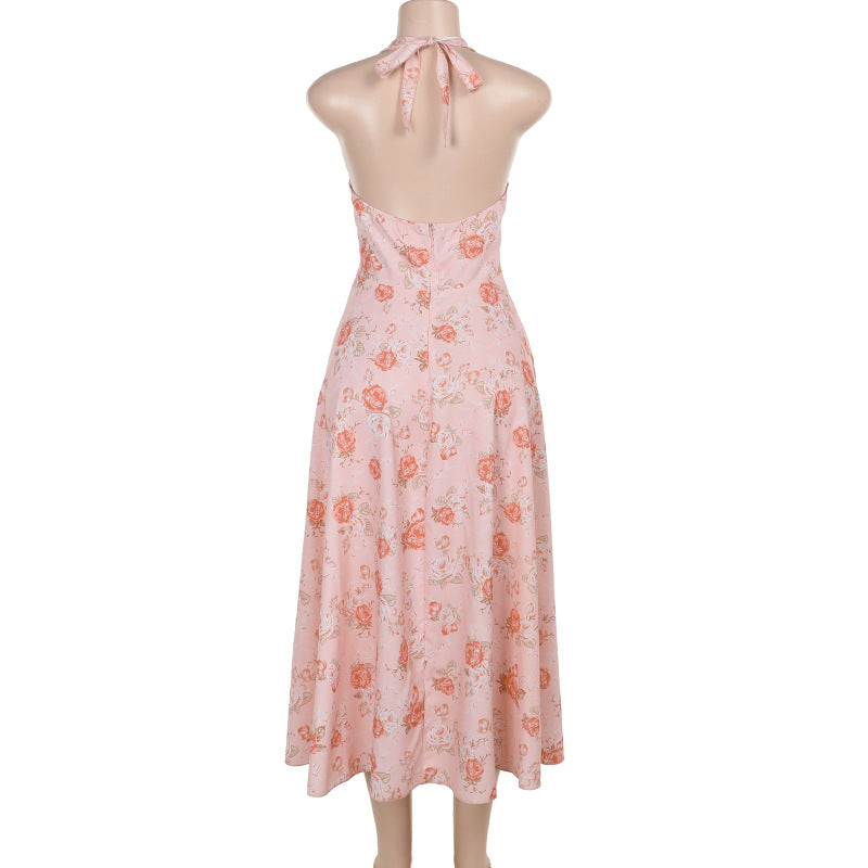 Autumn Women's Sexy Slim Print Halter Neck A-line Dress 6