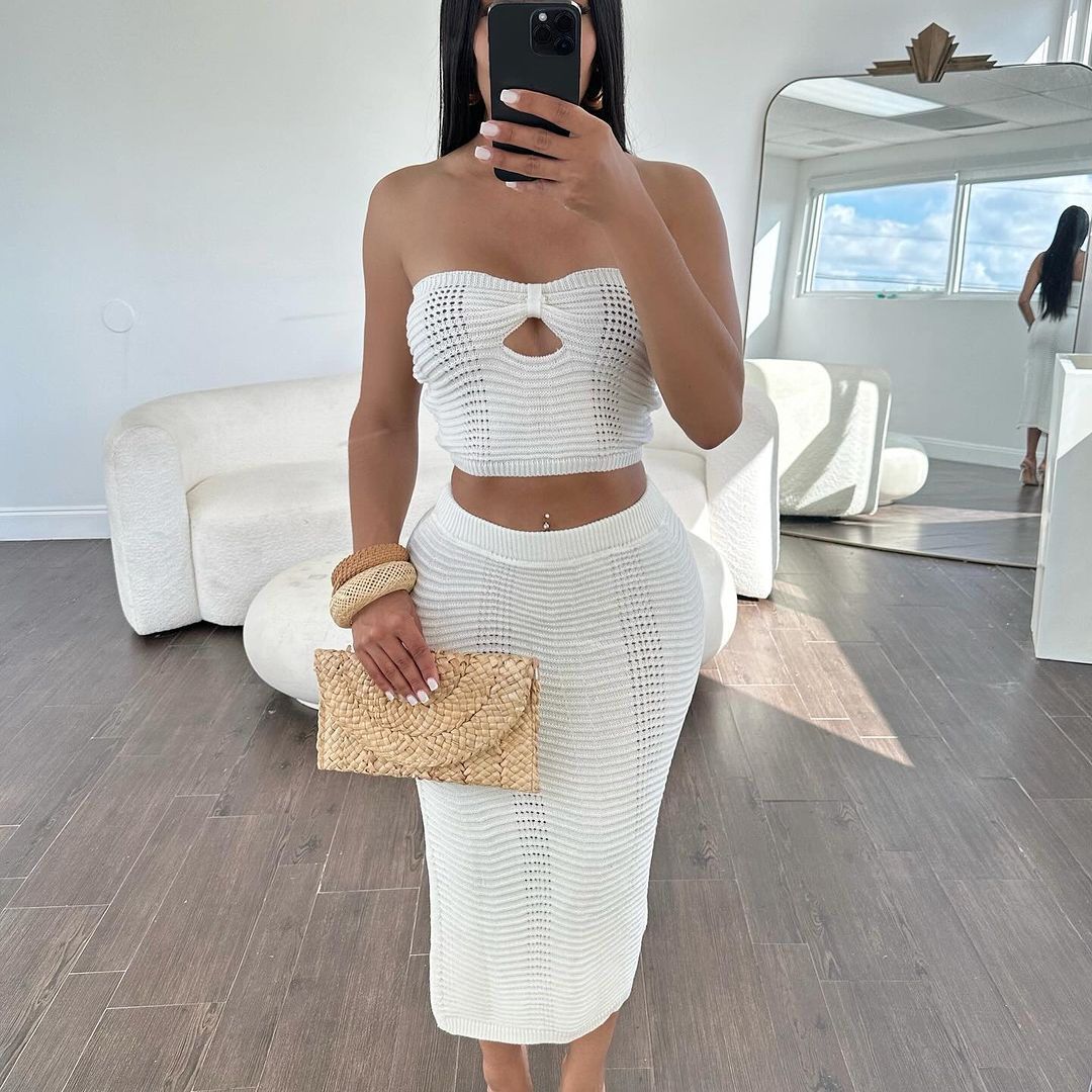 Women's Knitting Strapless crop top long Skirt two piece Set 3