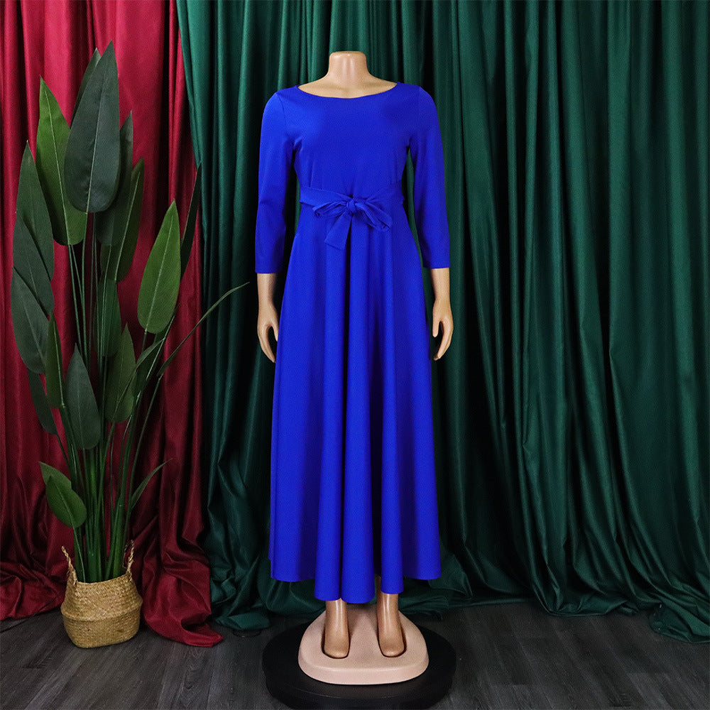 Women's Fall Winter Fashion Chic Solid long sleeve Belted African Plus Size Maxi Dress 17