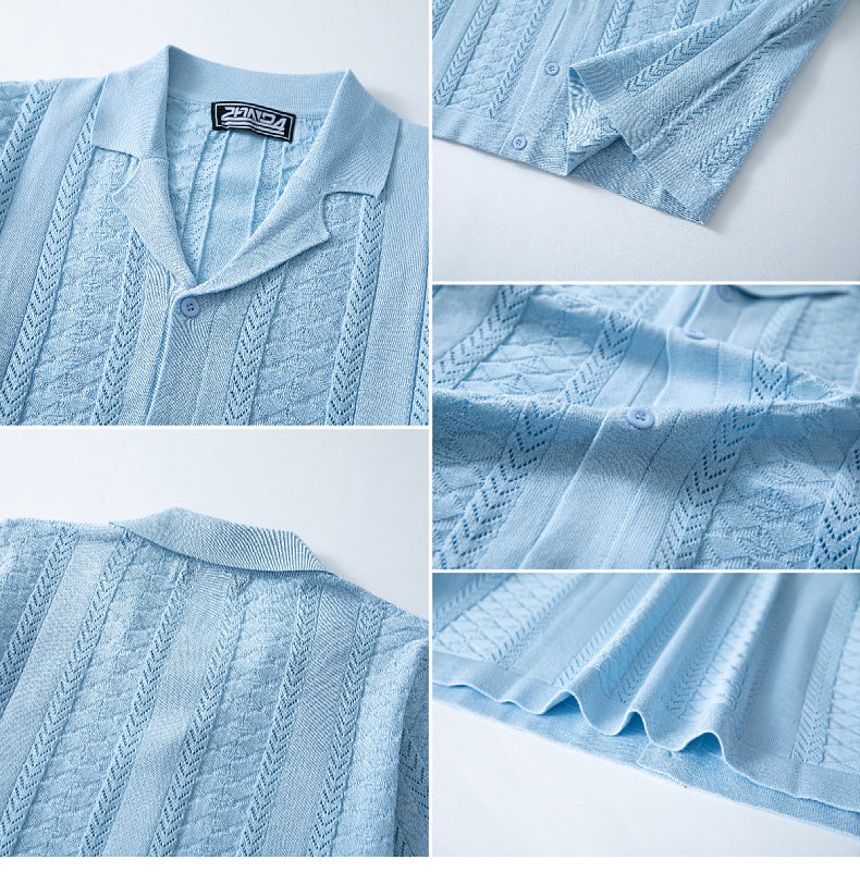 Men's Summer Short Sleeve Striped Hollow Casual Polo Top 14