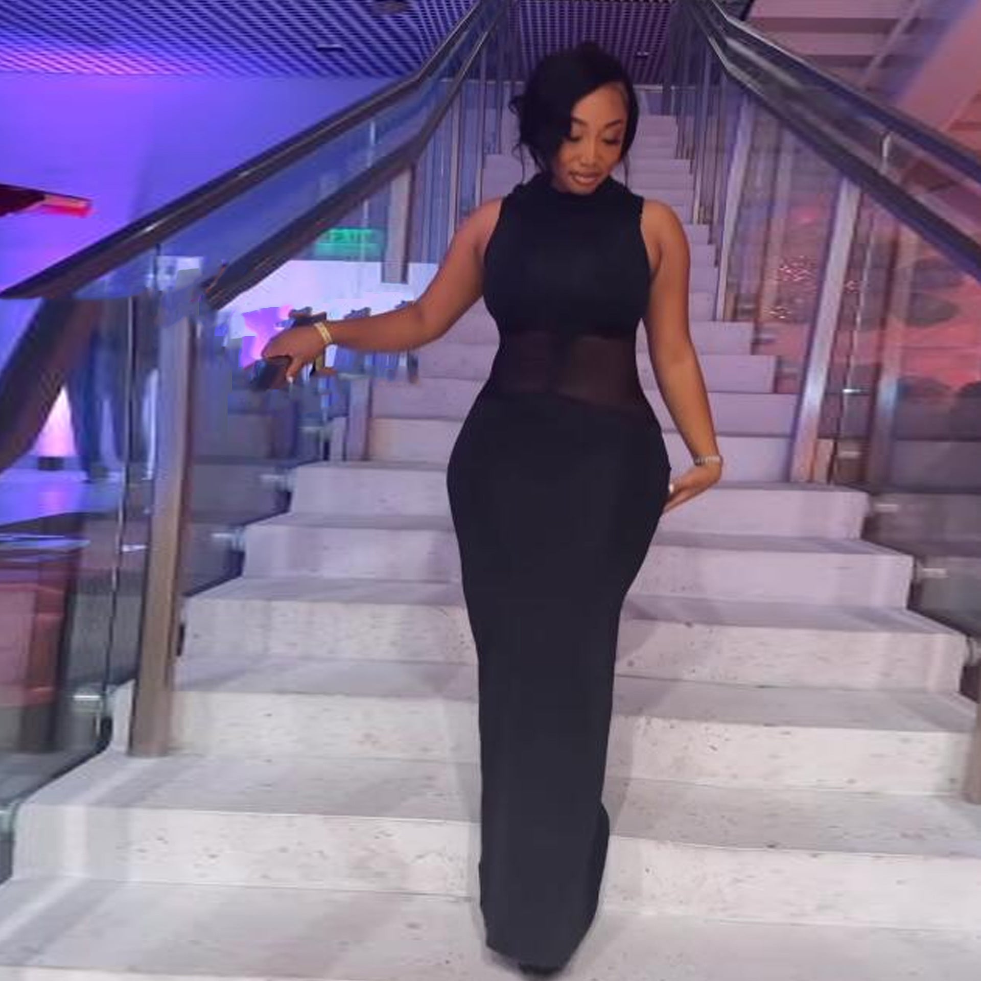 Sexy Turtleneck Sleeveless Stretch Mesh Patchwork See-Through Tight Fitting Long Dress 4