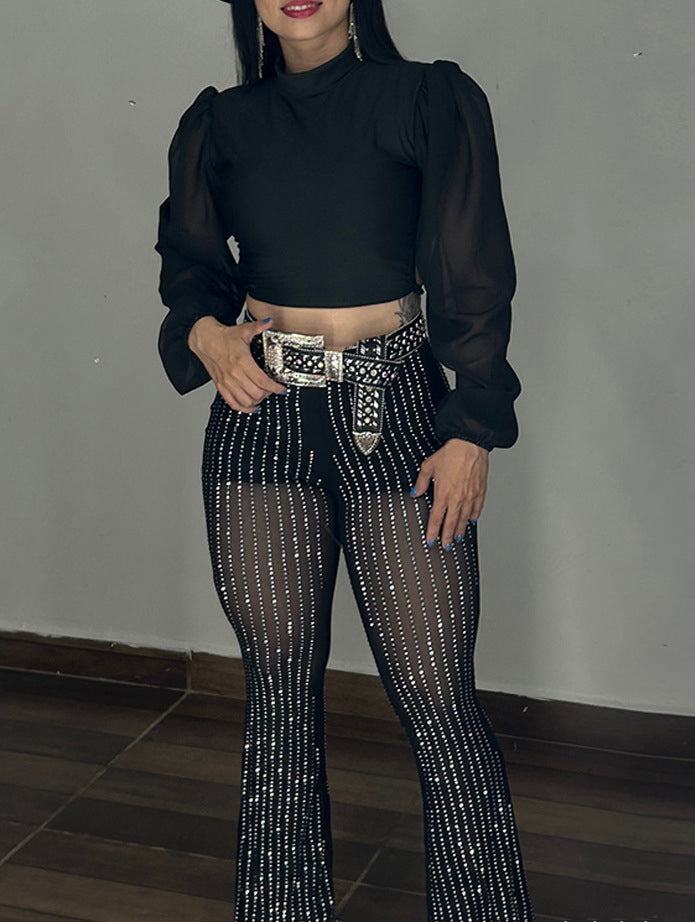 Women's black sexy See-Through Mesh Beaded high waist Tight Fitting Bell Bottom pants 6