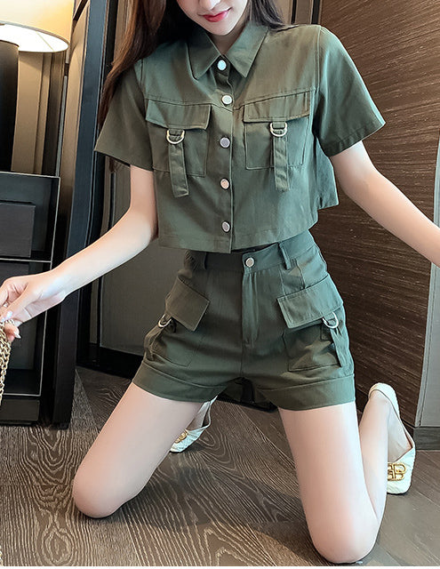 Two-piece summer Cargo style short-sleeved jacket wide-leg shorts women's suit 9