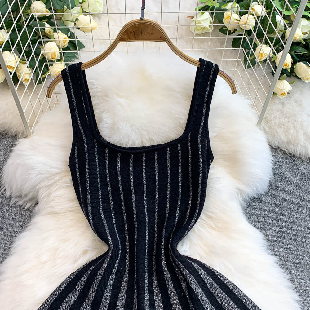 Chic Elegant Stripes Slim Waist Strap Knitting A-line Short Dress for Women 7