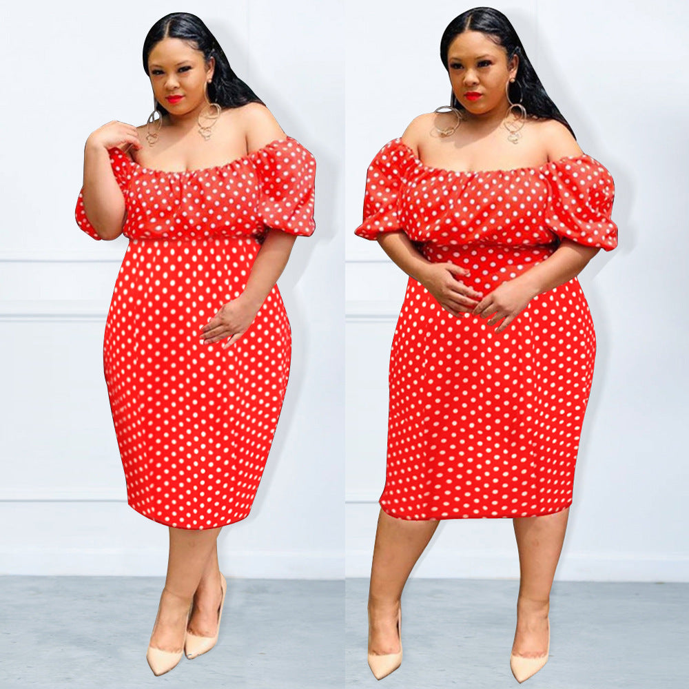 Summer Red Polka Dot Print Puff Sleeve Plus Size Off Shoulder Chic High Dress 4