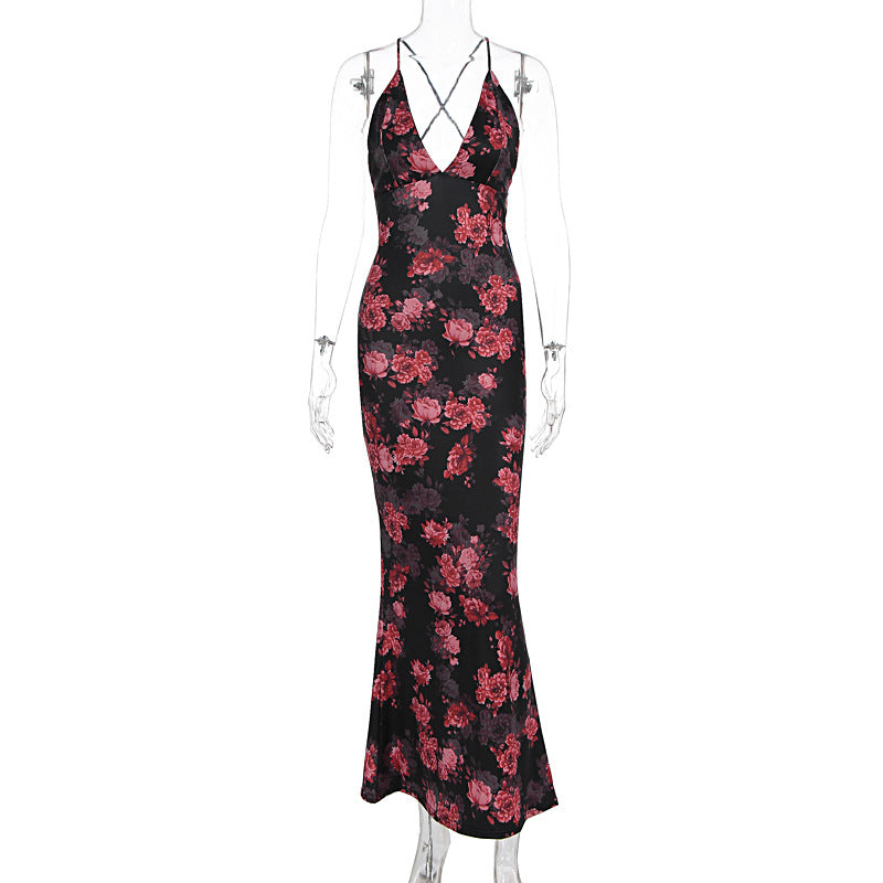 Summer Women's Fashion Floral Low-Cut Tight Fitting Slim Waist Strap Dress 6