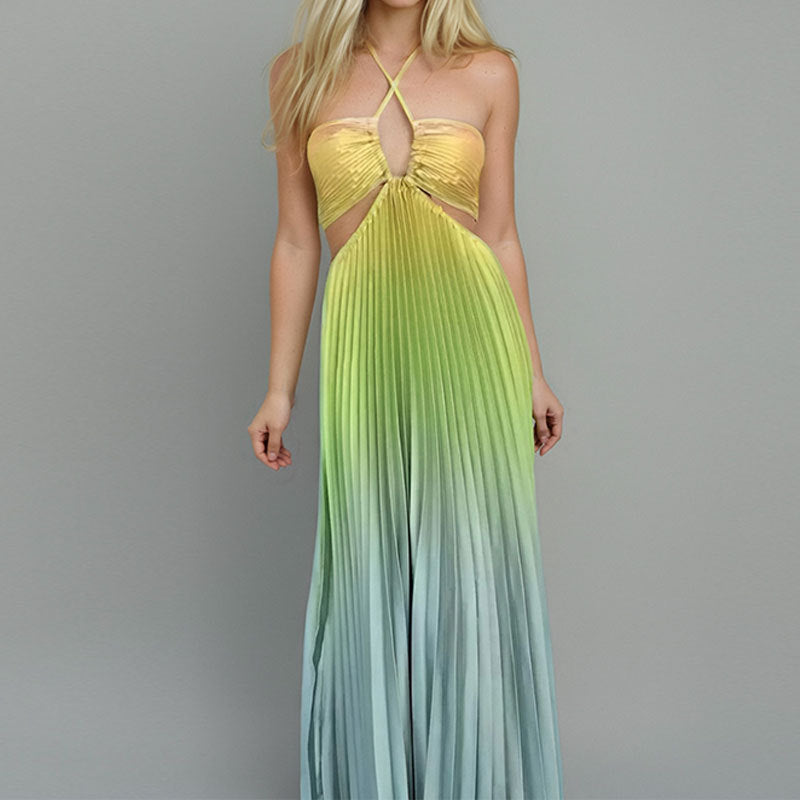 Women summer gradient Halter Neck pleated beach Holidays Maxi Dress 4