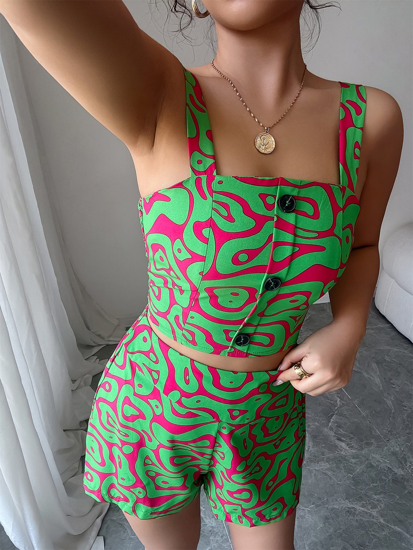 Women spring and summer suspender printed top and shorts two-piece set 4