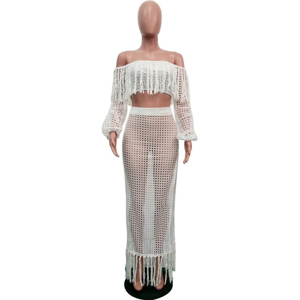 Summer Hollow Sexy Fashion Mesh Tassel See-Through Two-Piece Skirt Set 16