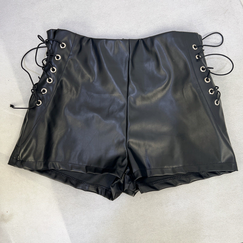 Women Autumn and Winter Black Stretchy Pu-Leather Shorts