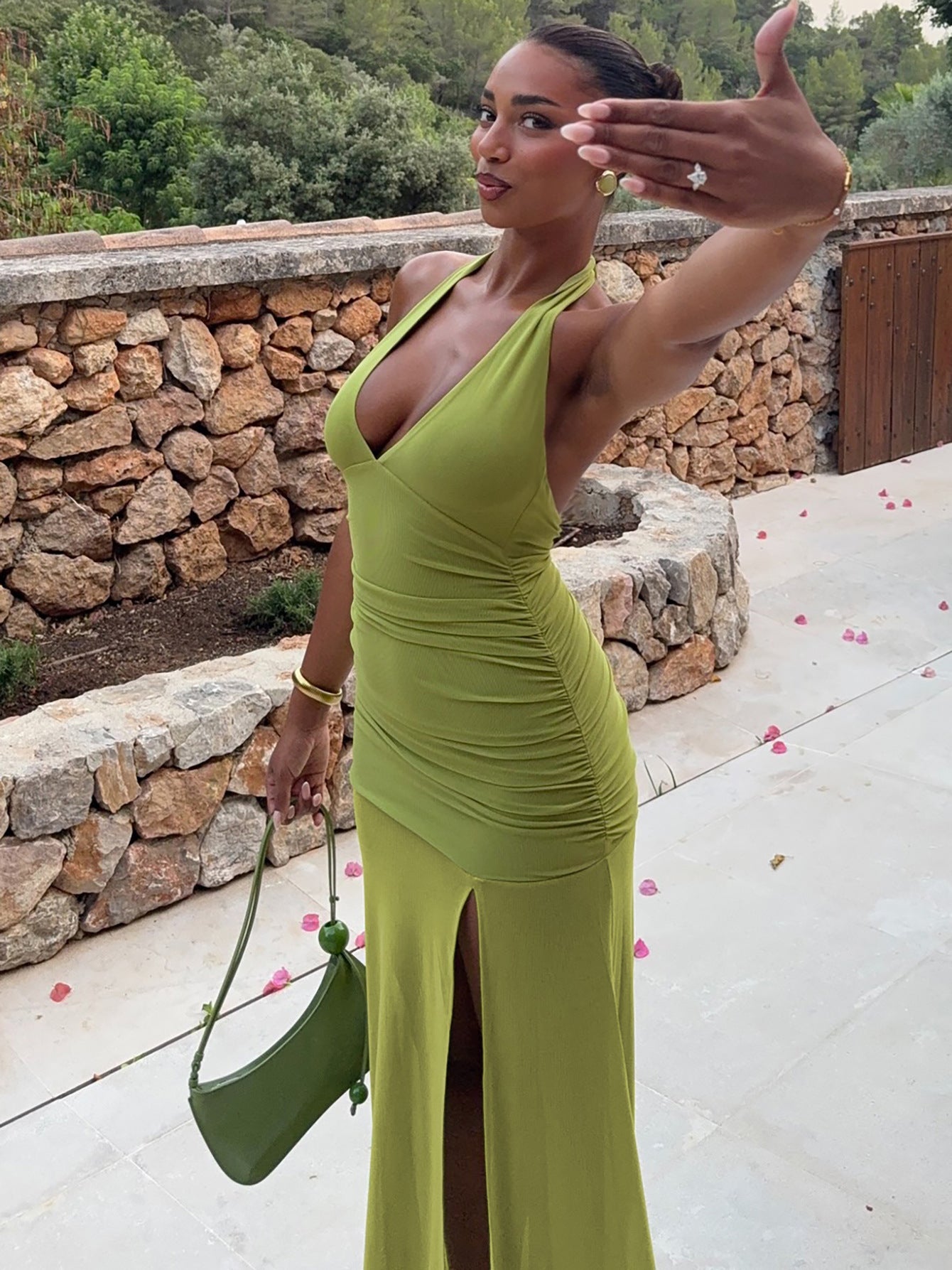 Women Sexy V-Neck Pleated Long Mesh Slit Halter Neck Dress 3