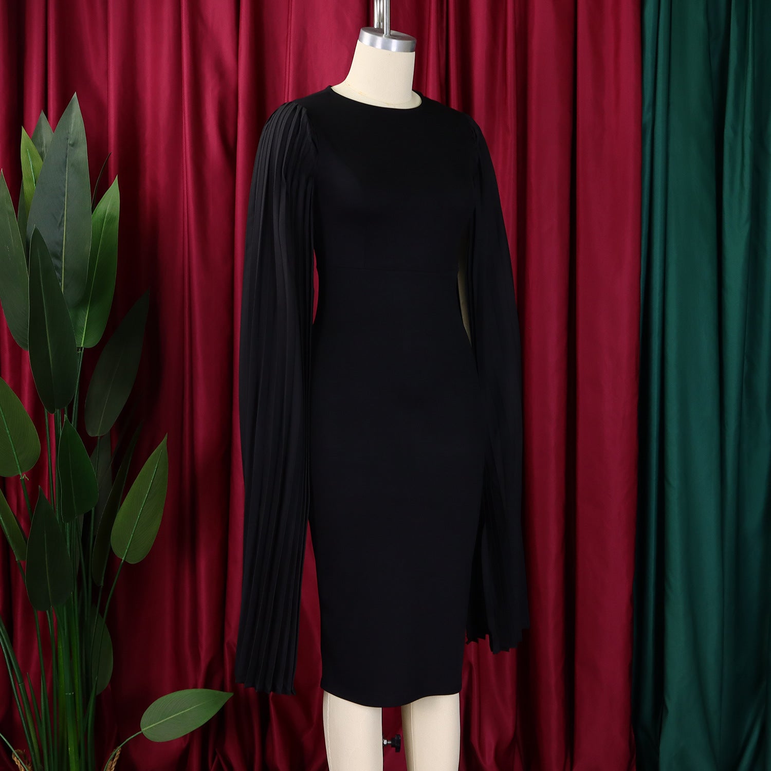 Women's Fashion Solid Color Round Neck Pleated Shawl Sleeve Formal Party Evening Dress 29