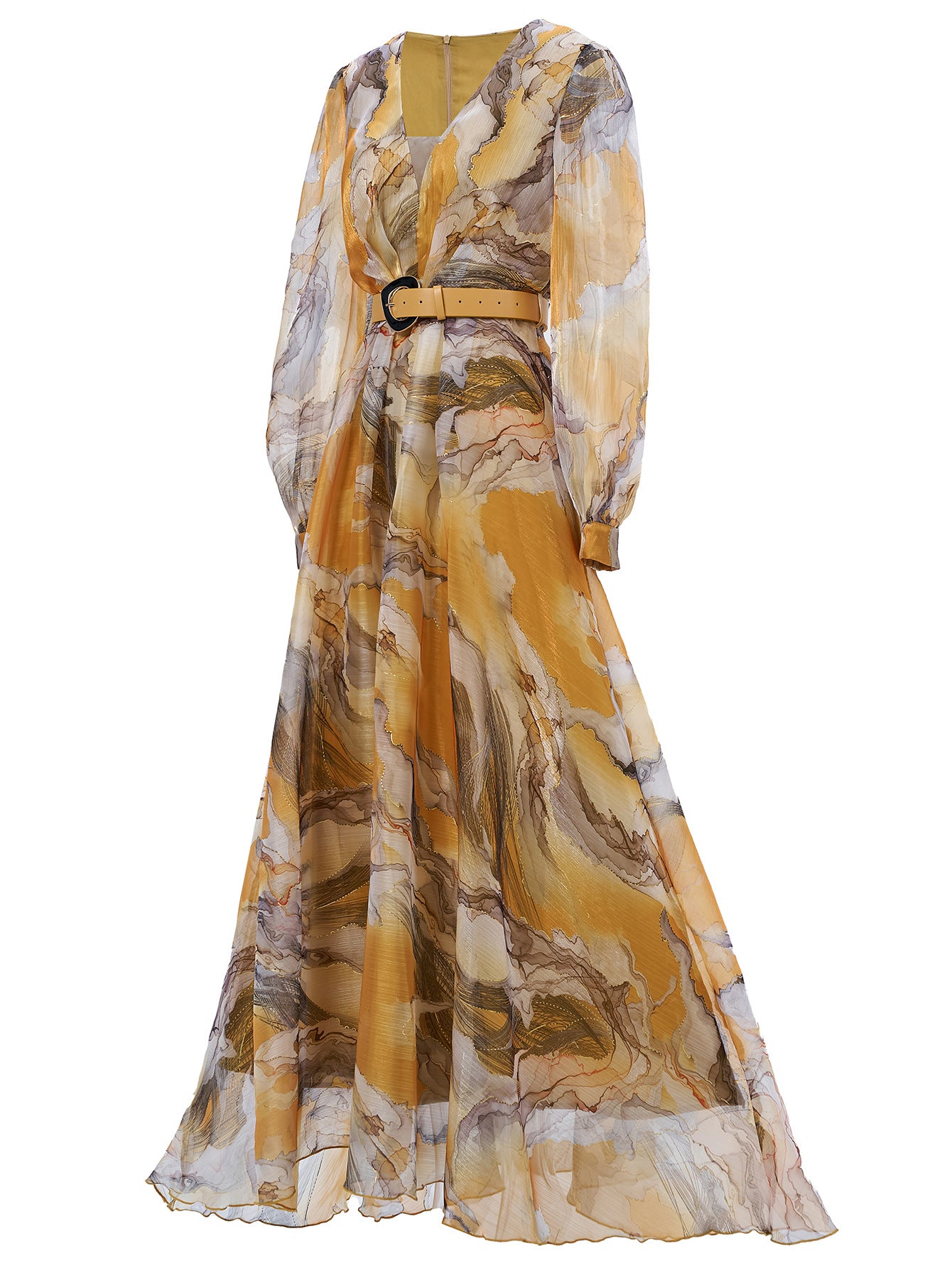 Women long-sleeved V-neck pleated Formal Party mesh dress