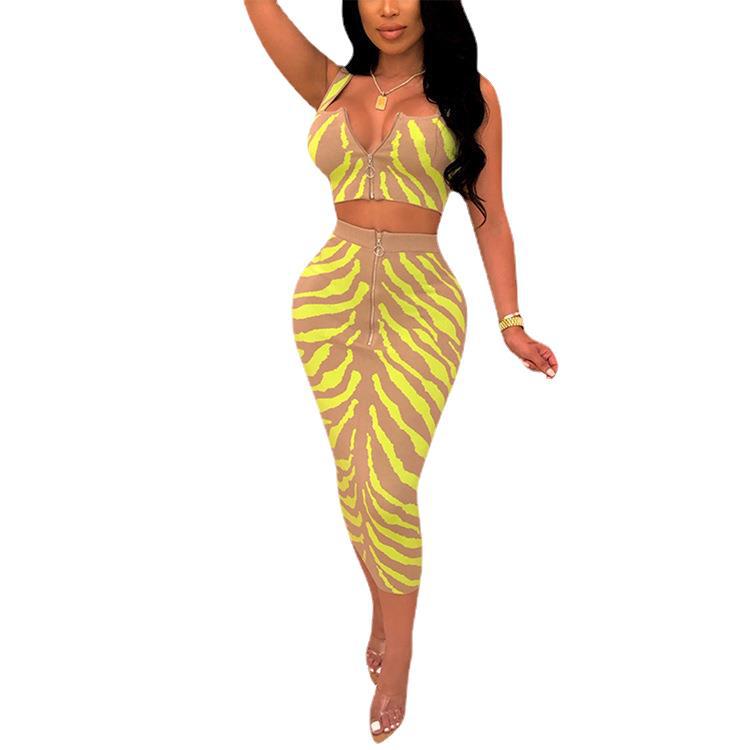 Women Sexy Print Zippered Crop Top and Skirt Two-Piece Set 6