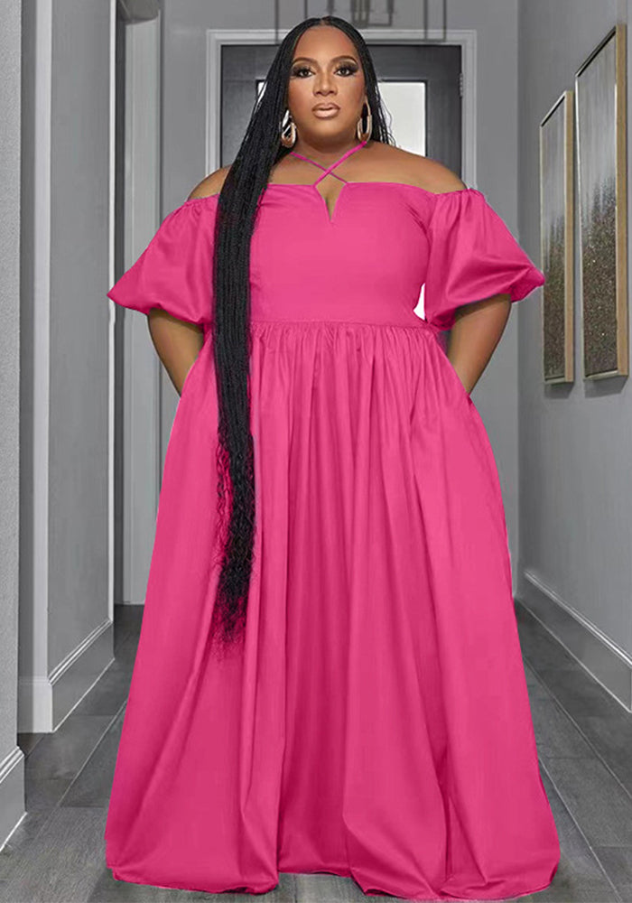 Solid Color Sexy Strapless Halter Neck Plus Size Women's Fashion Loose Short Sleeve Dress