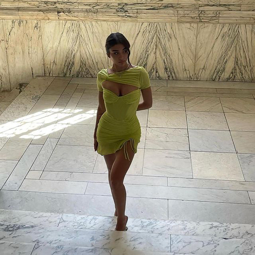 Women's Mesh Cutout Short Sleeve Pleated Slim Bodycon Tight Fitting Dress Summer 7