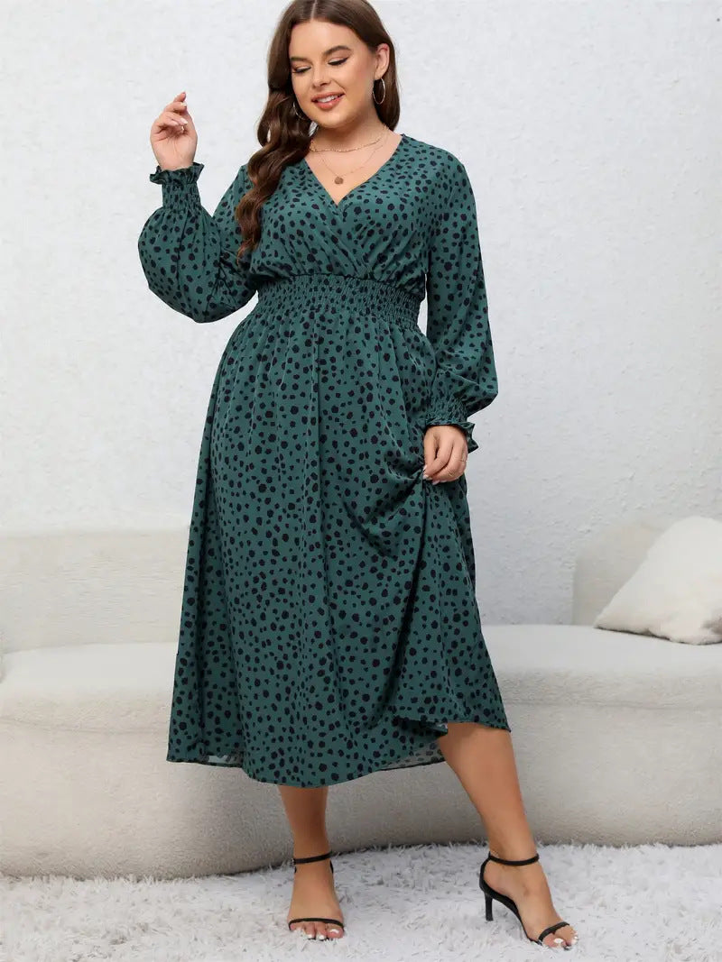 Plus Size Women Autumn V-Neck Printed Dress 8