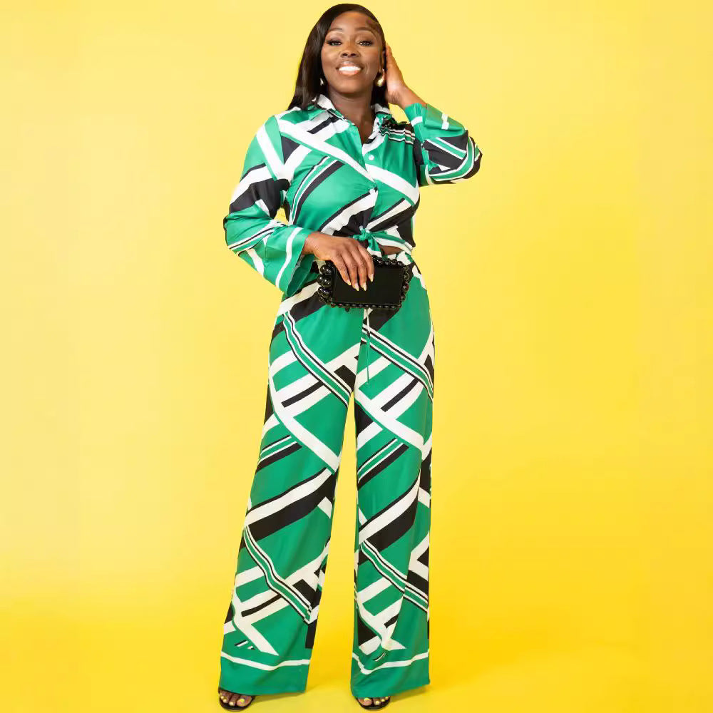 Women Casual Printed Top and Wide Leg Pants Two-piece Set 6