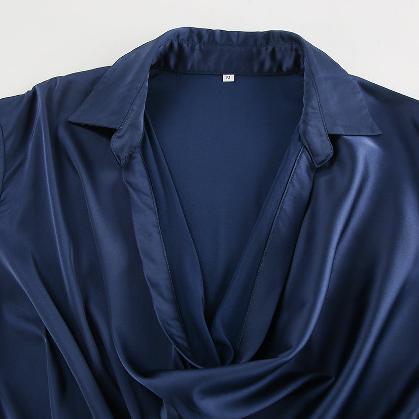 Women Autumn and Winter Elegant Blue Satin Irregular Long Sleeve Dress 8