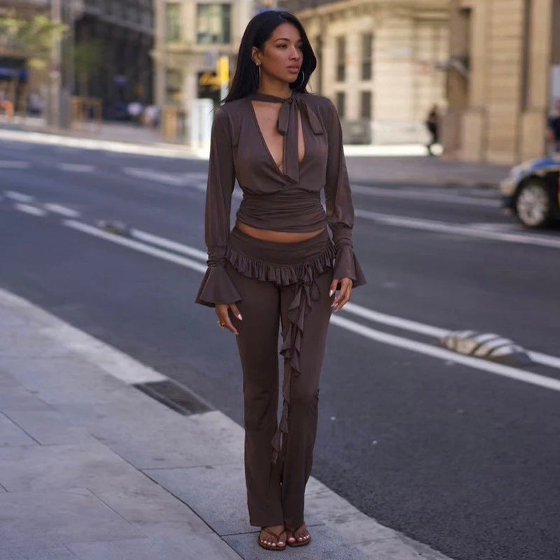 Autumn Fashion Casual Women's Solid Color Ruffled Ribbon Knitting Slim Flared Trousers 4