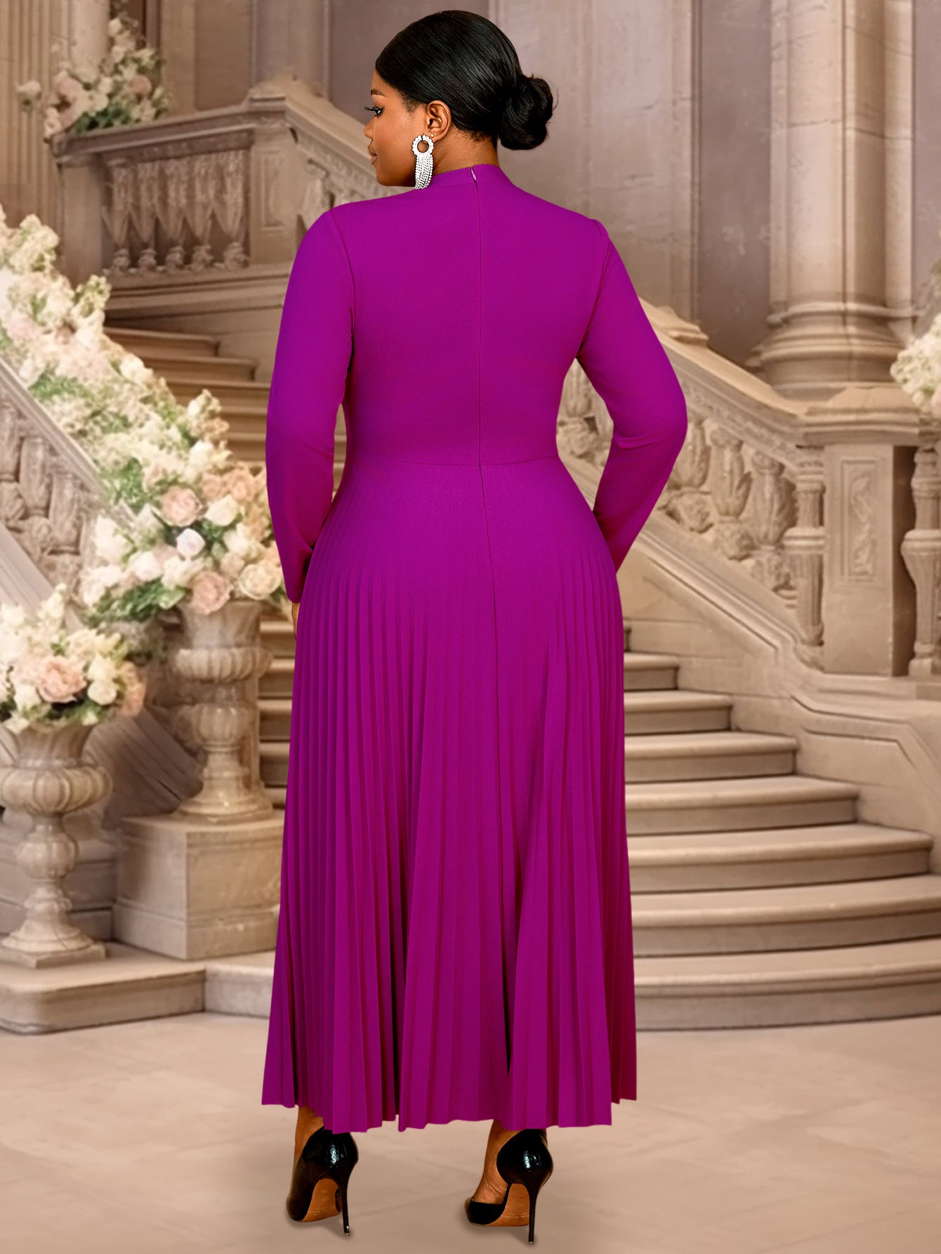 Plus Size Women Ruffles Elegant V-neck Pleated Party Dress 3