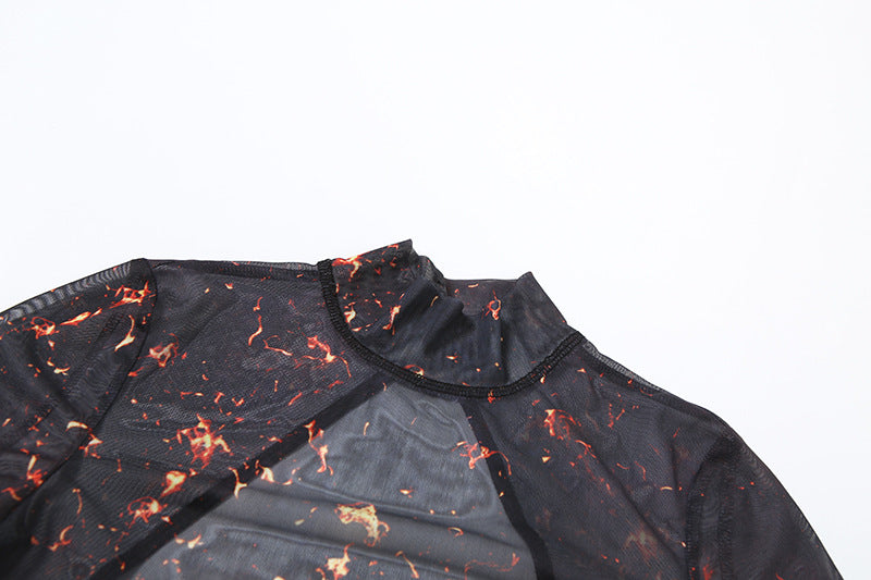 Women Summer Street Trend Mesh See-Through Print Backless Jumpsuit 31