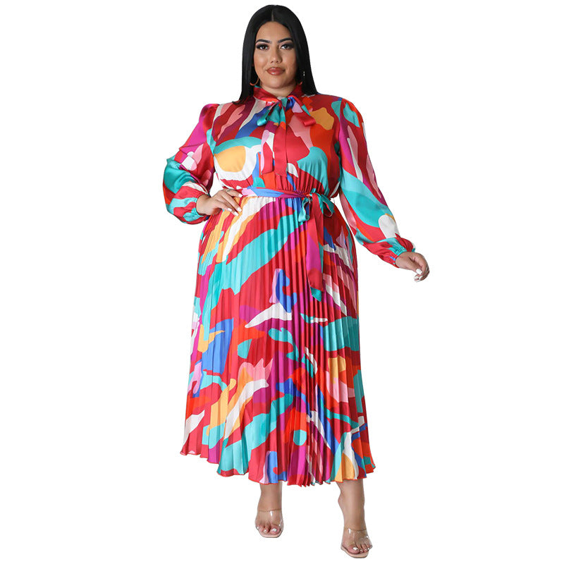 Plus Size Women Lace-Up Long Sleeve Printed Pleated Dress 17