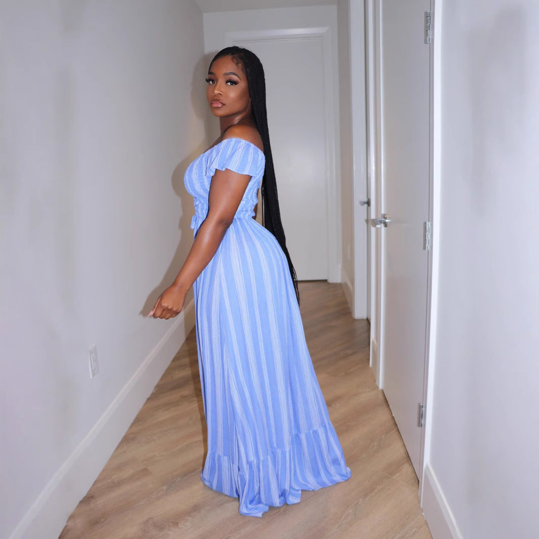 Women Spring Summer Striped Print Off Shoulder Lace-up Dress 4