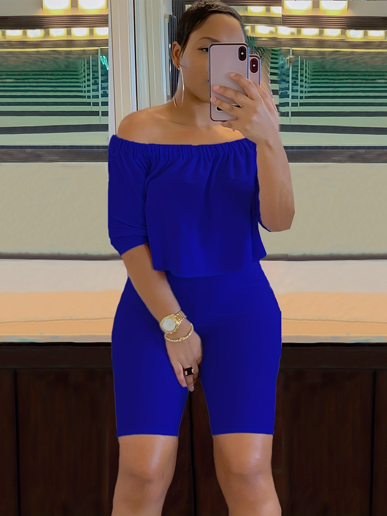 Off-Shoulder Top High-Stretch Shorts Summer Two-Piece Set 4