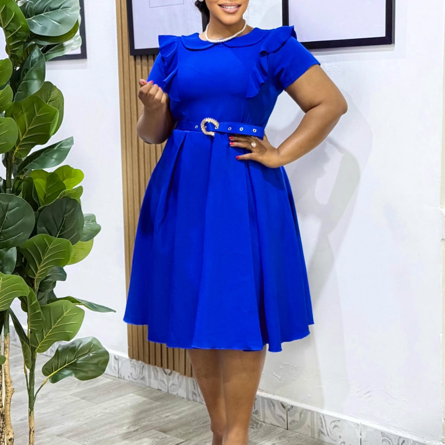 Women's Short Sleeve Peter Pan Collar Solid Color Ruffle High-Waist Swing Dress 9