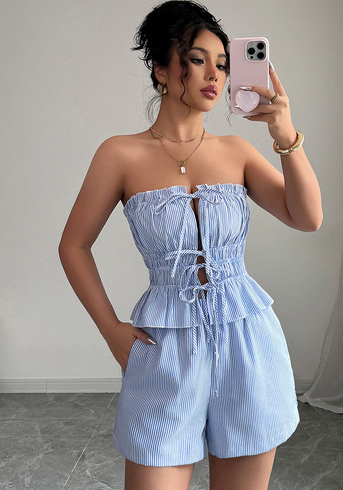 Women Elegant Lace-Up Top Shorts Two-piece Set