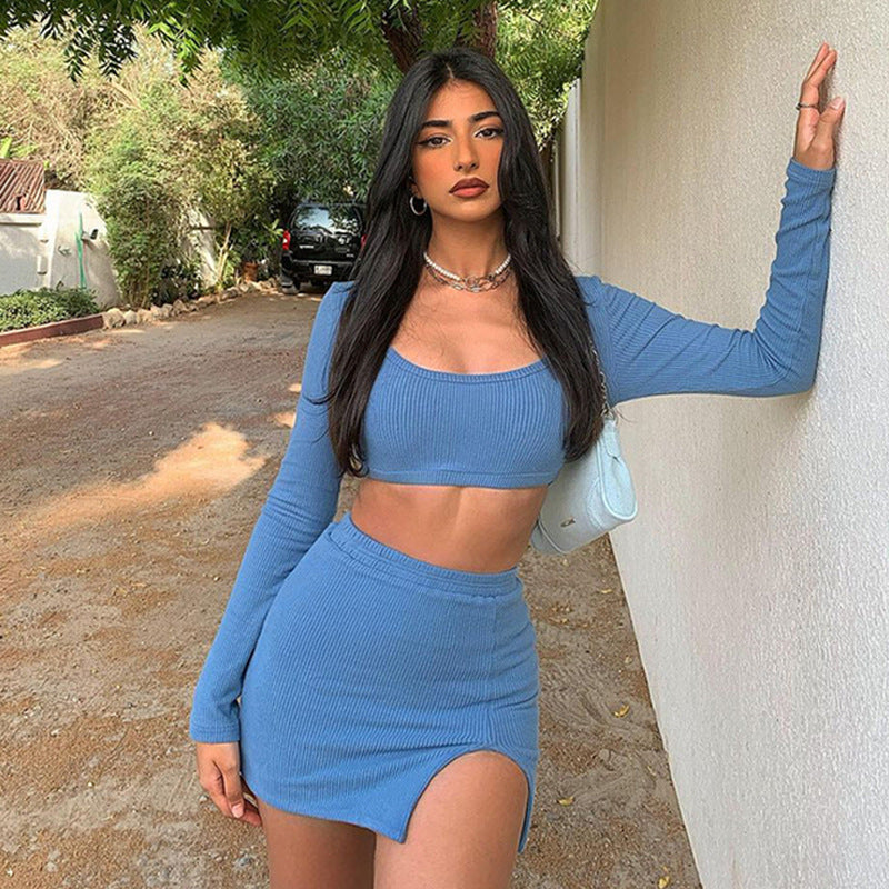 Fashion Women's Rib Long Sleeve Camisole Top Sexy Slit Tight-Fitting Bodycon Short Skirt Set