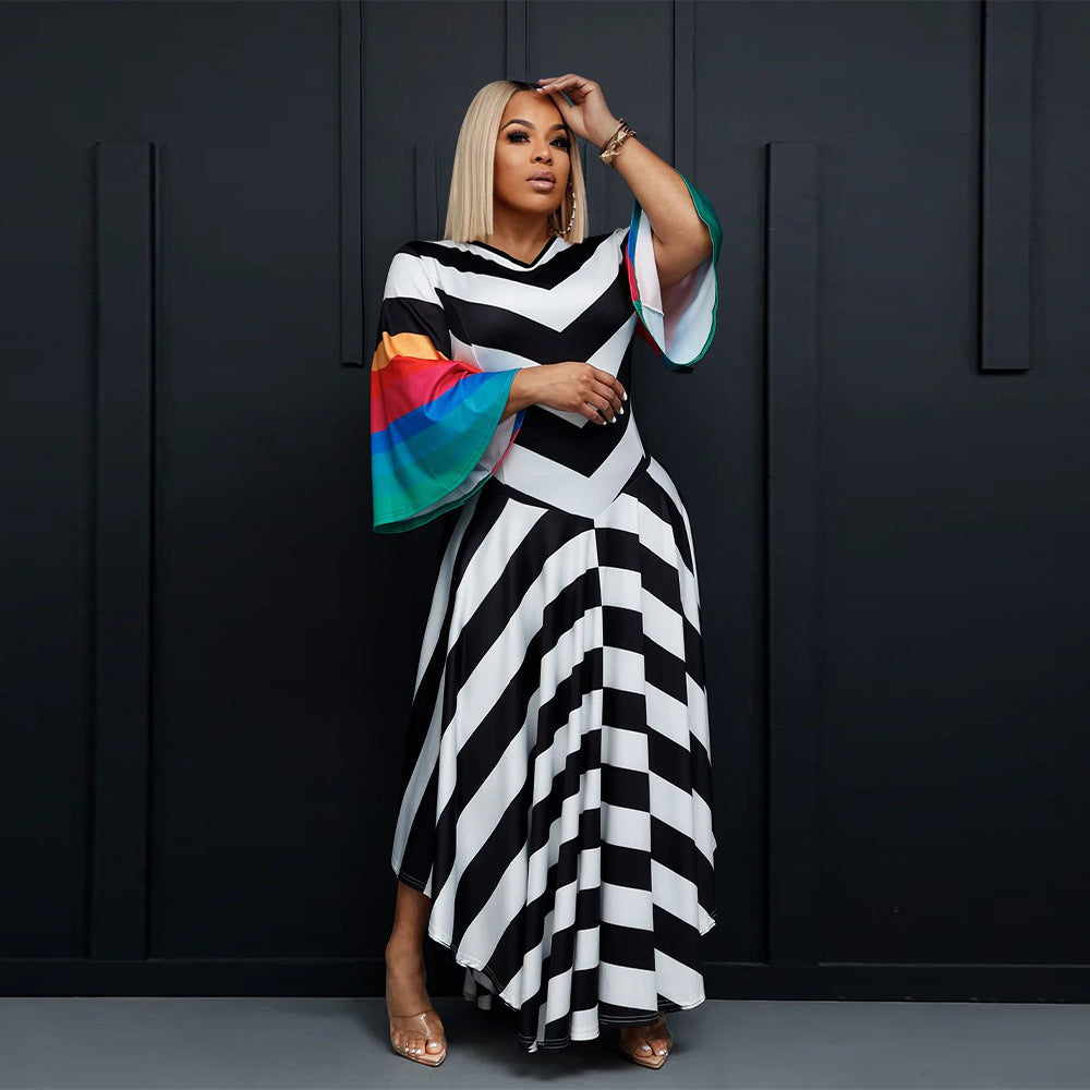 Women's Fashion V Neck Bell Bottom Sleeves Contrast Color Maxi Dress Slim Waist Dress 16