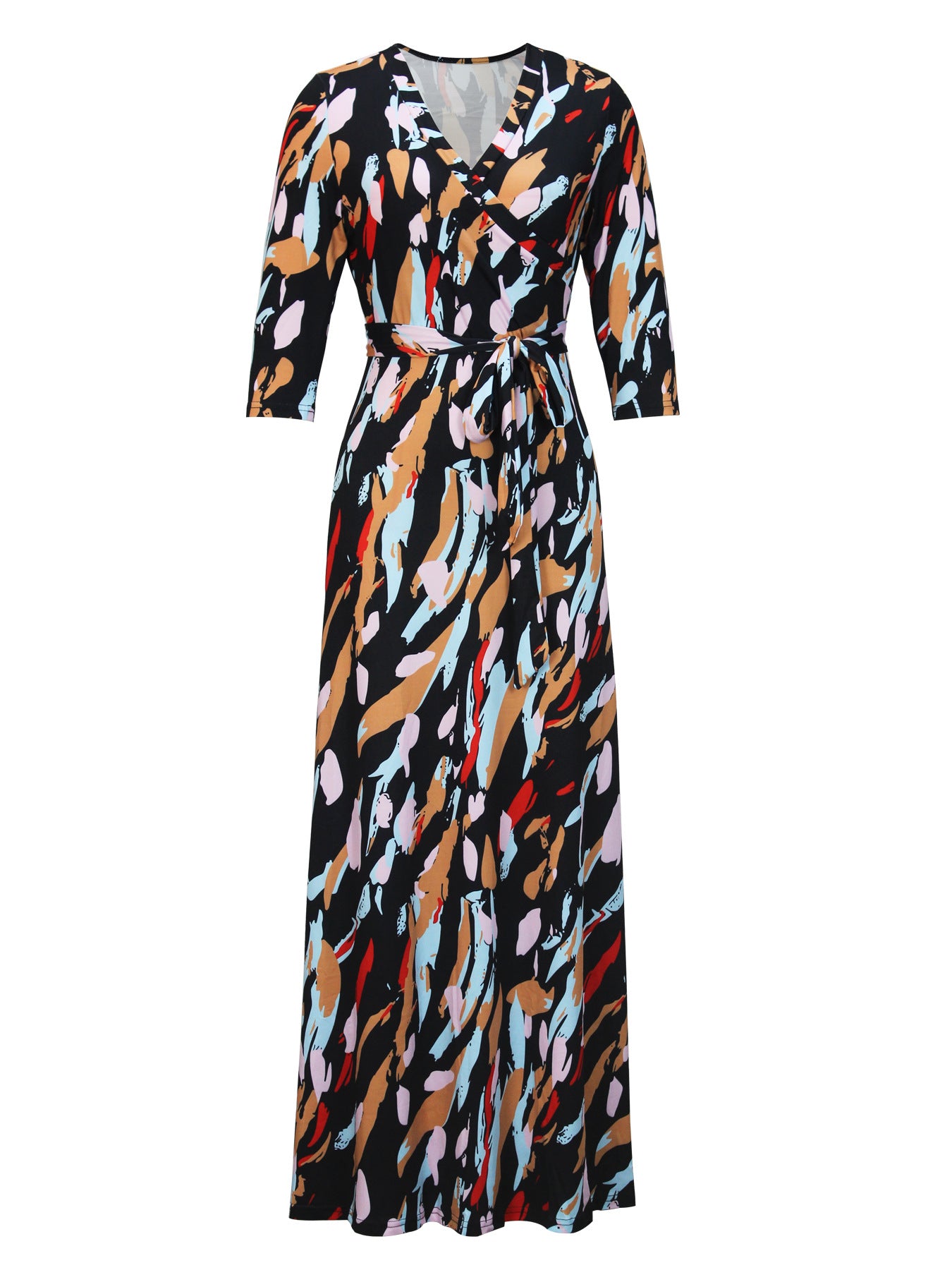 Spring & Autumn Women's Fashion Elegant Wrap V-Neck Half-Sleeve Print Belt Maxi Dress 122