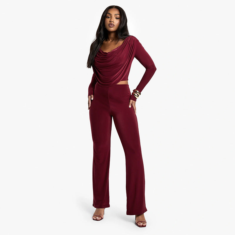 Women Fall Solid Casual Long-Sleeved Top and Pants Two-Piece Set 9